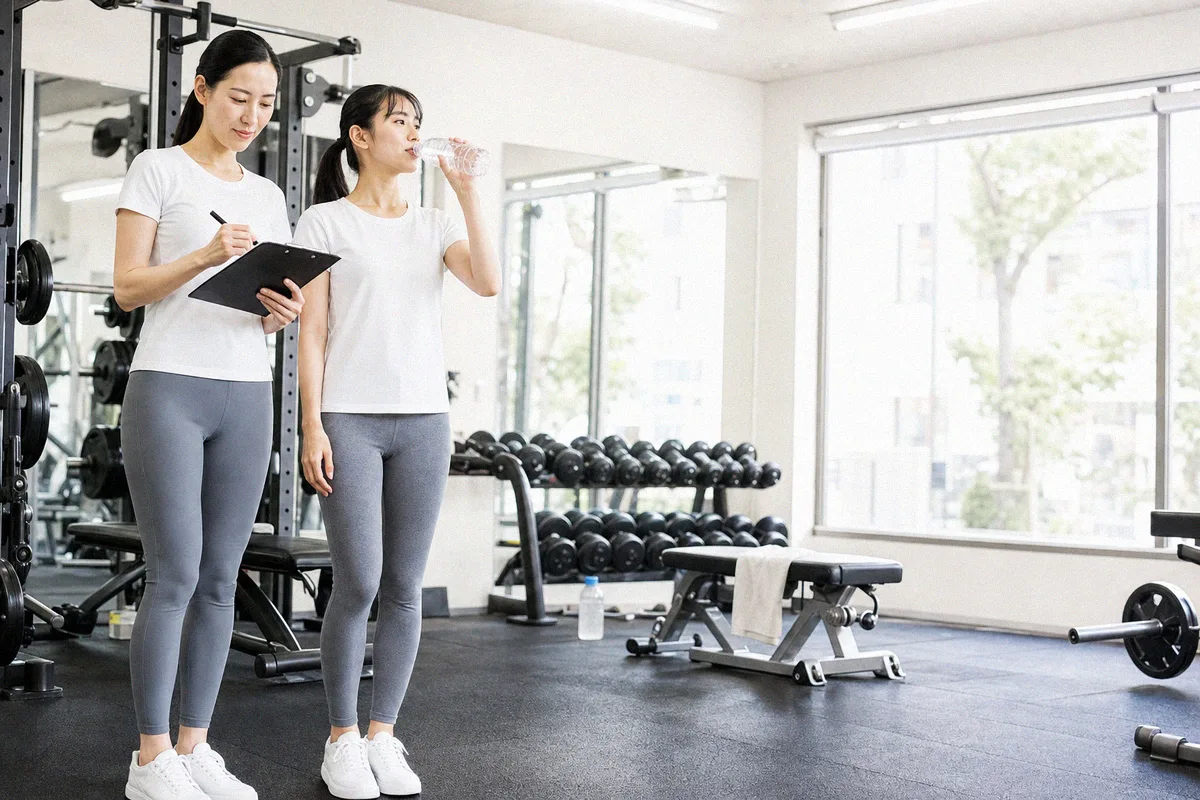 水分を取る利用者の横で、記録用紙に書き込むトレーナー