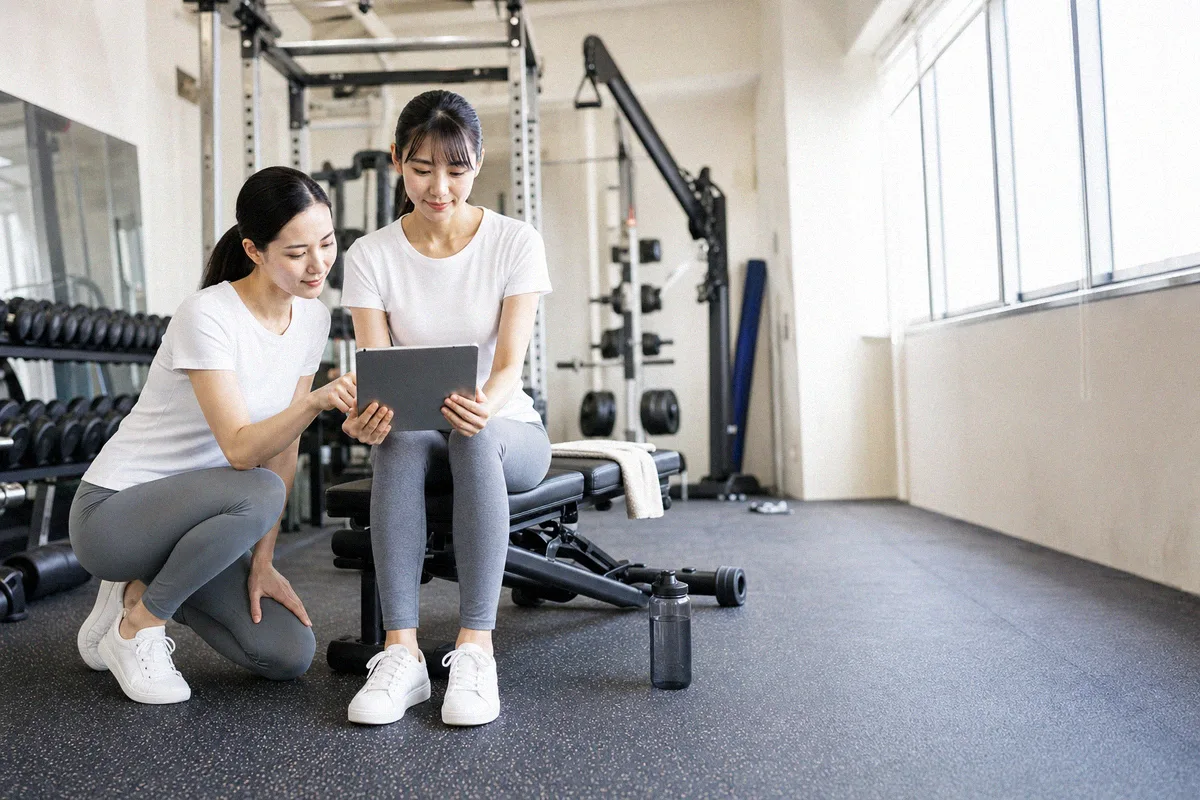 ベンチに座る利用者の横にかがみ、タブレットを見せるトレーナー