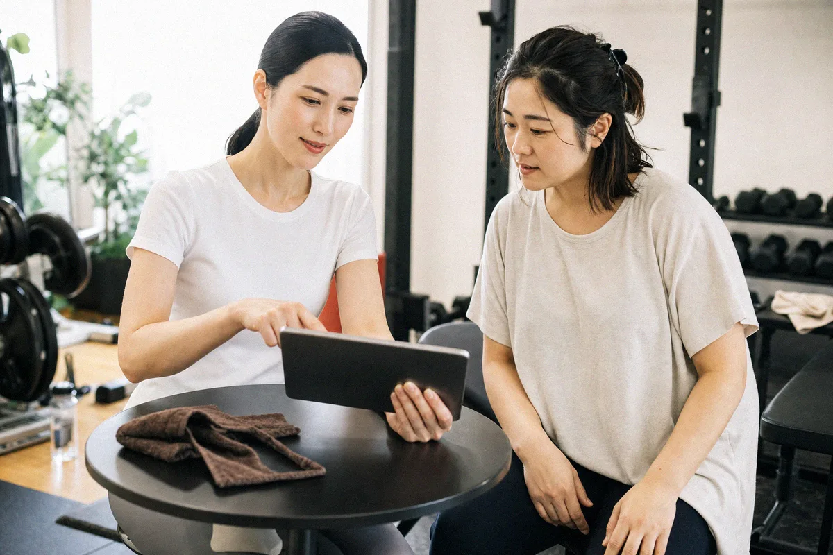 タブレットを見ながらトレーニング計画の説明を受ける利用者とトレーナー