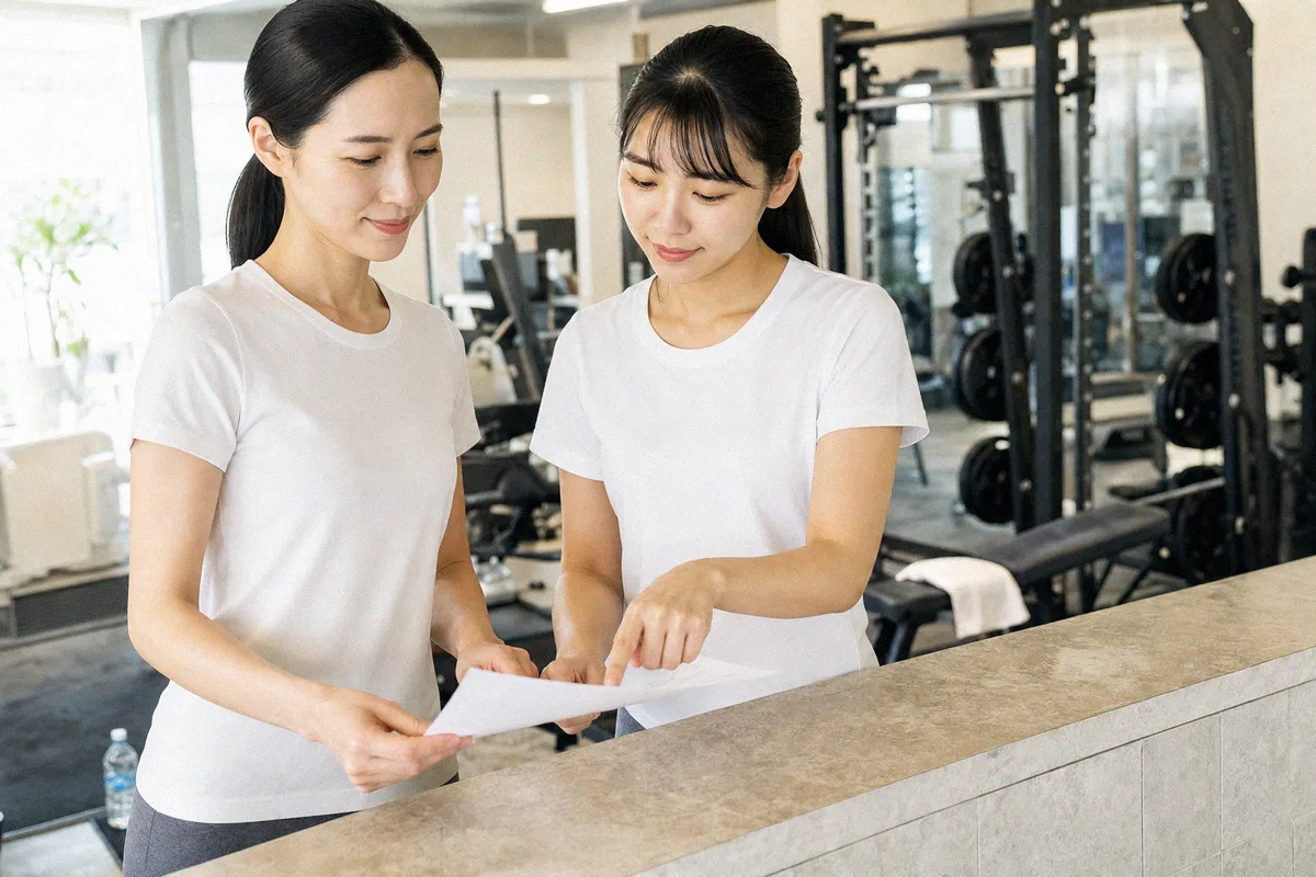 テーブル越しに料金や進め方について話すトレーナーと利用者