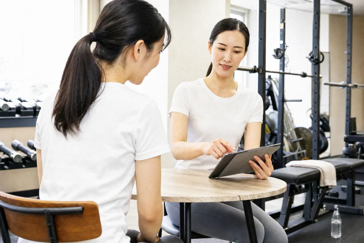 テーブル越しに料金や進め方について話すトレーナーと利用者