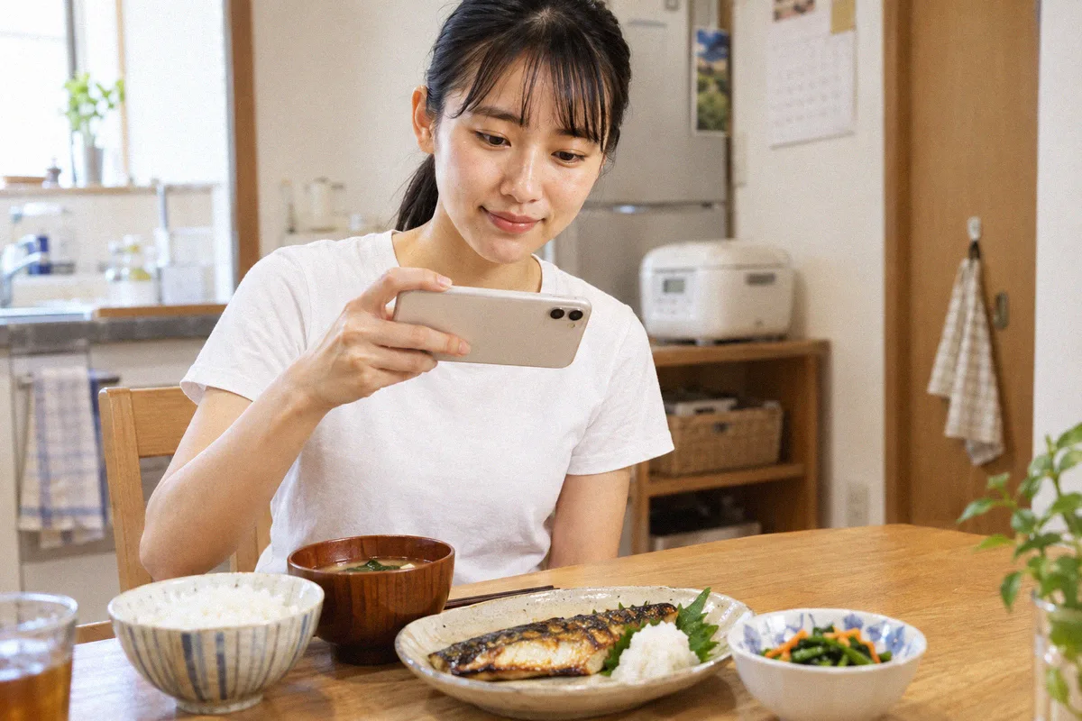 自宅の食卓で食事の写真をスマートフォンで撮影する利用者