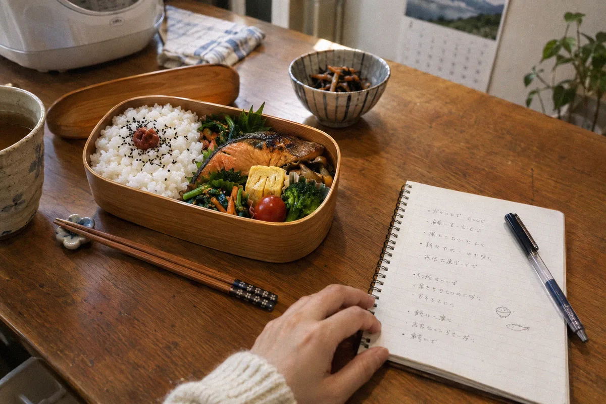 バランスの取れた弁当と手書きの食事メモが置かれたテーブル