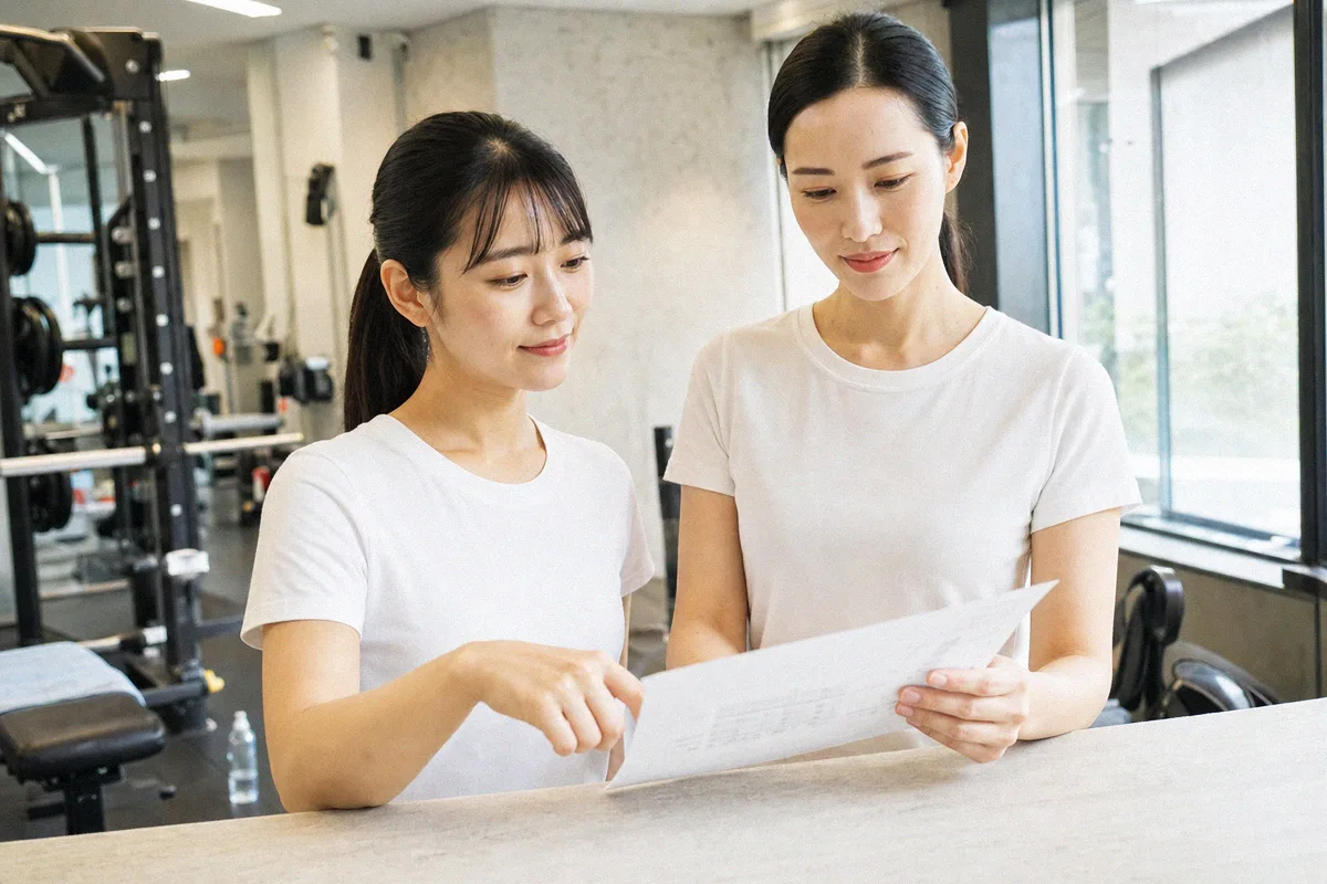 カウンセリングでメニューの内容を確認する利用者とトレーナー