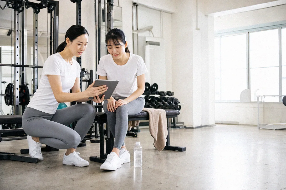 タブレットを見ながらトレーニング計画の説明を受ける利用者とトレーナー