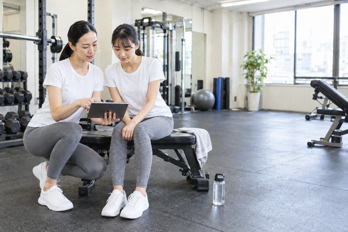 ベンチに座る利用者の横にしゃがみ、タブレットを一緒に見るトレーナー